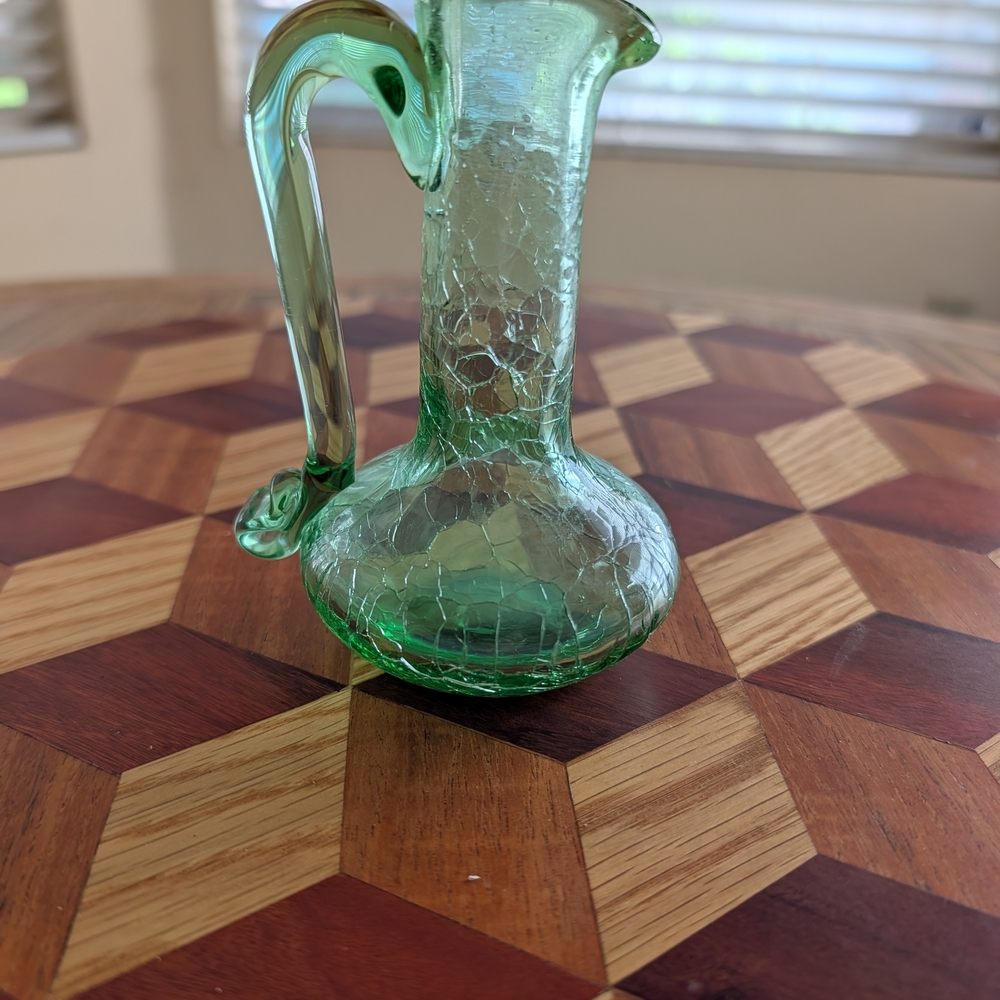 Blenko Style Green Crackle Glass Pitcher Small Vintage